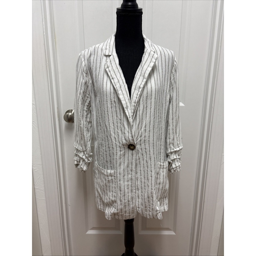 Halston Heritage Women's Pinstripe Linen Blend Blazer - Size Large